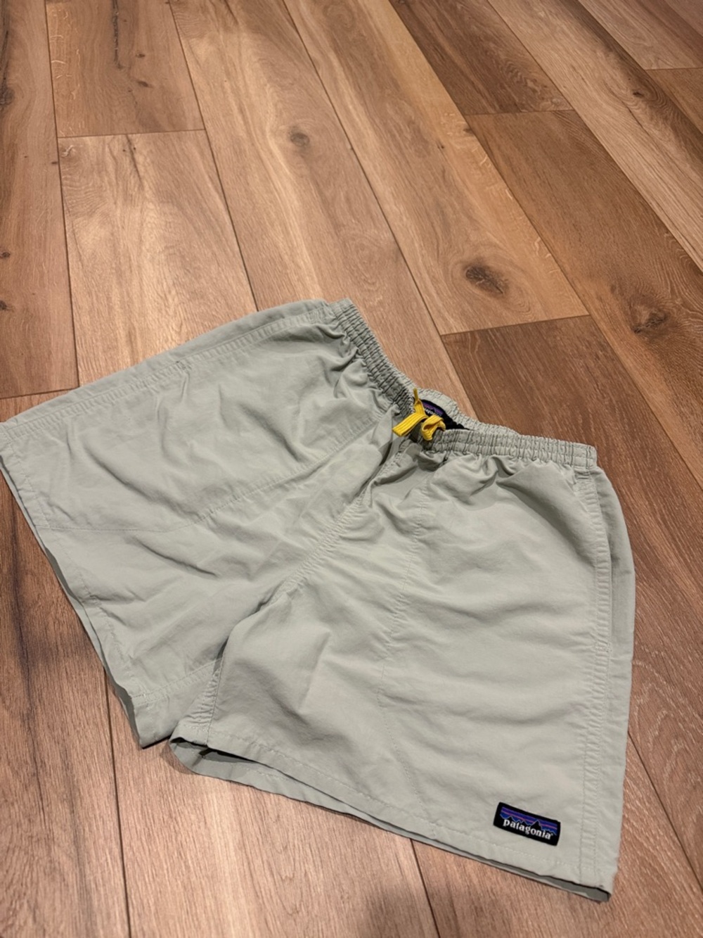 Patagonia Light Gray Men's Hybrid Shorts with Yellow Drawstring